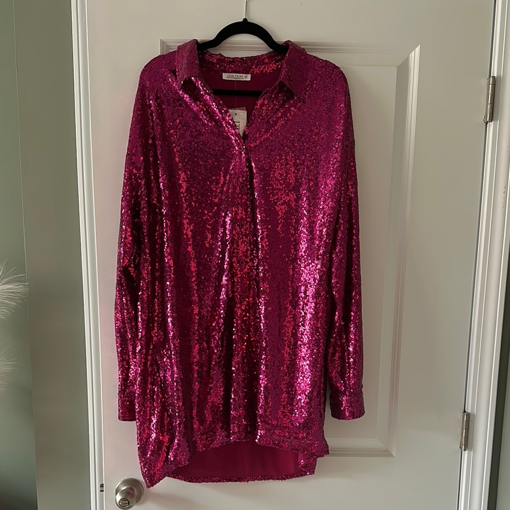 Pink Sequin Button-Up Shirt
